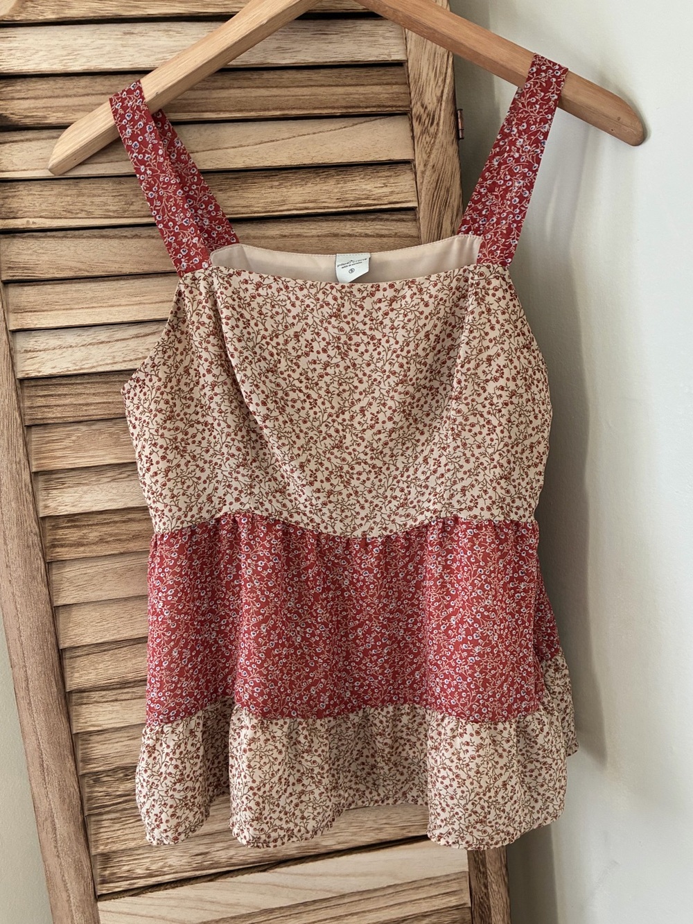Paper Crane Floral Tiered Babydoll Tank Top Red Cream Small Boho Festival